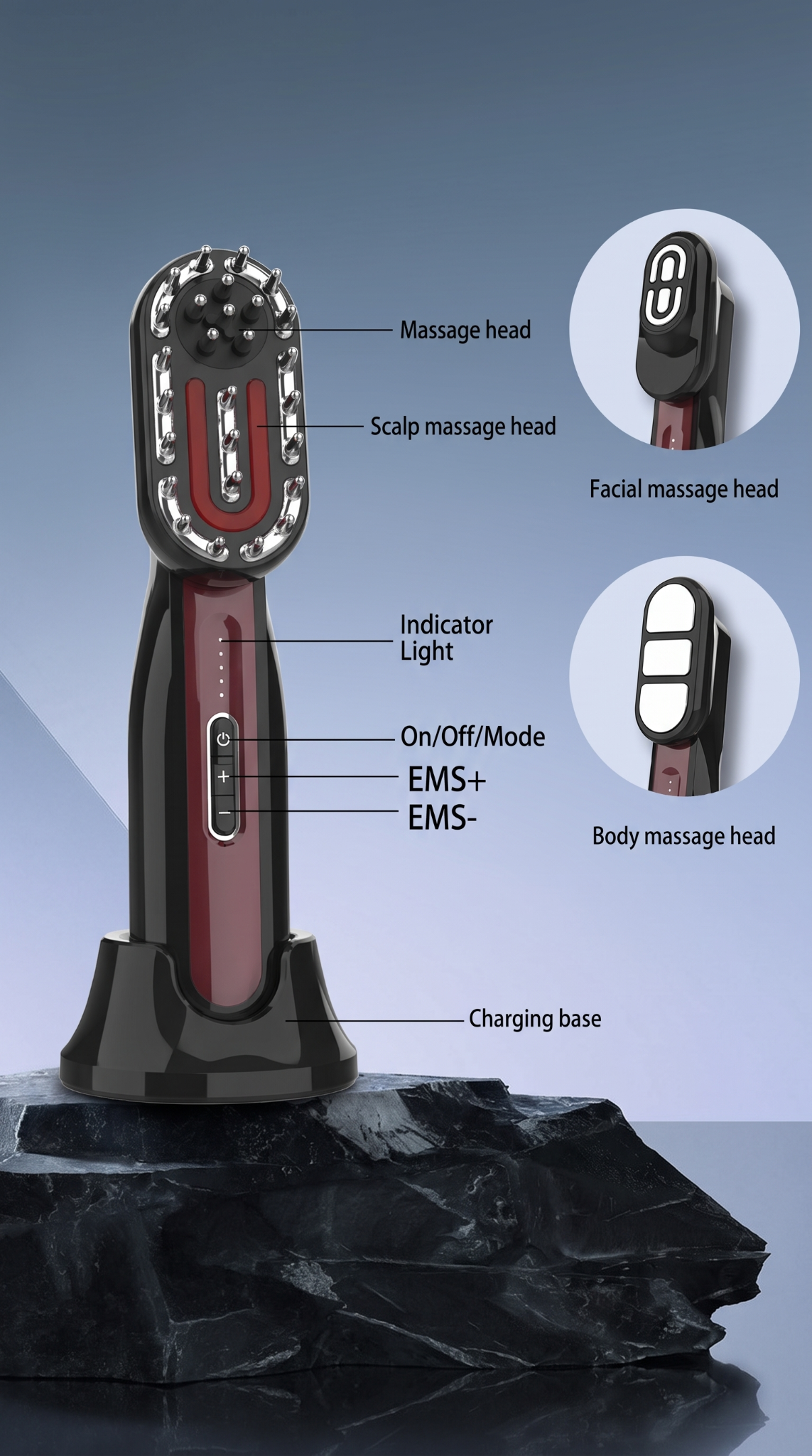 Céliane device guide showing the attachments, indicator lights, power and EMS controls, and charging base